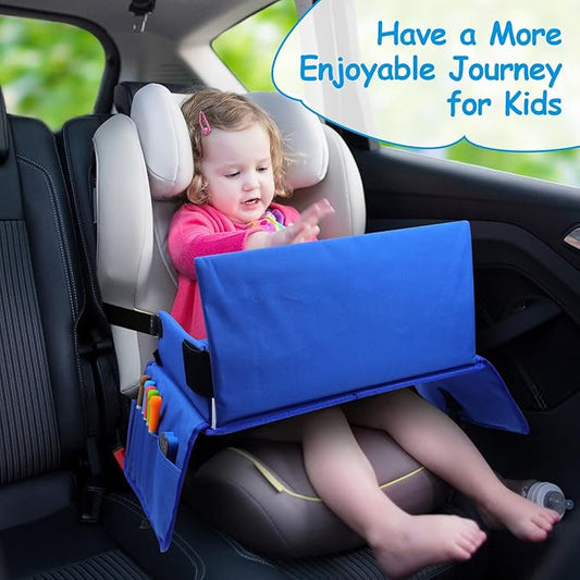 Julaiwy Travel Tray for Kids, Carseat Table Tray for Road Trip Activities, Toddler Lap Desk Organizer for Airplane - Blue