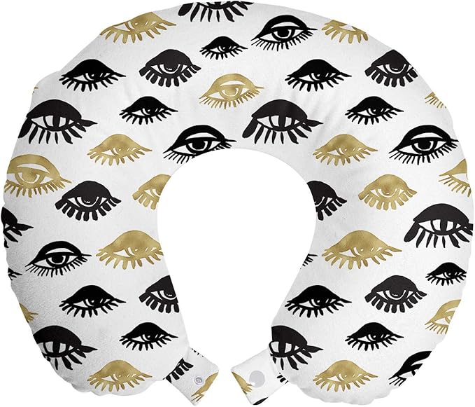 Ambesonne Trippy Travel Pillow Neck Rest, Woman Eyes with Eyelash Unusual Style Fashion Modern Design Print Graphic, Memory Foam Traveling Accessory for Airplane and Car, 12", Yellow Black