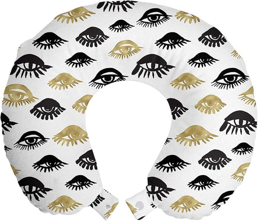 Ambesonne Trippy Travel Pillow Neck Rest, Woman Eyes with Eyelash Unusual Style Fashion Modern Design Print Graphic, Memory Foam Traveling Accessory for Airplane and Car, 12", Yellow Black