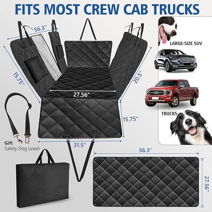 XL Truck Back Seat Extender for Dogs with Soft Blanket, Trucks Dog Seat Cover Back Seat Supports 400lbs, Hard Bottom Pet Seat Covers for Trucks, Waterproof Dog Hammock for Crew Cab Truck Black