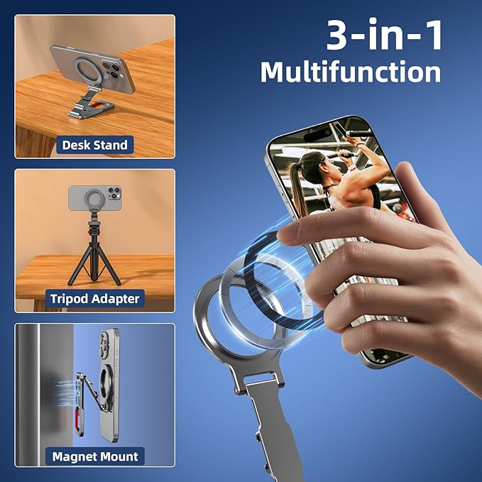 Magnetic Phone Mount for MagSafe, Maglock Tripod Adapter Magnet Golf Gym Workout Stand Metal Carabiner Dual Holder with 1/4 Screw Hole, for iPhone 16 15 14 13 12 Series Foldable Portable Accessories