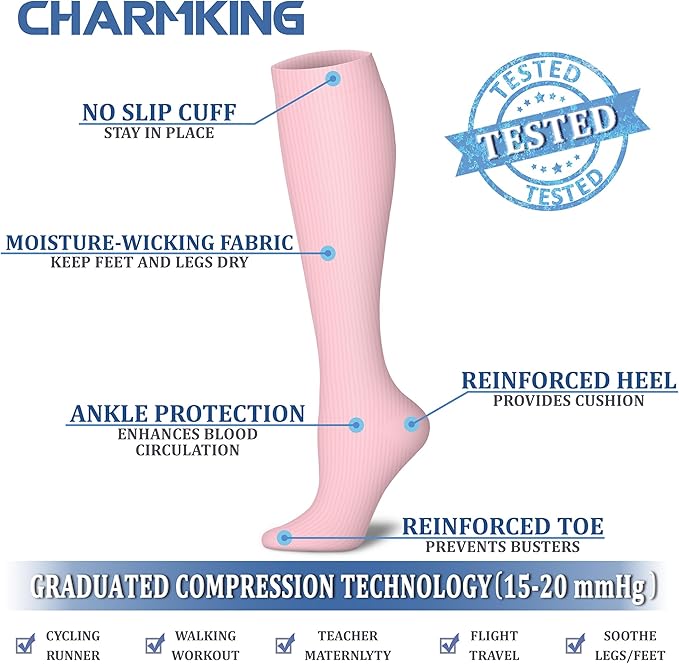 CHARMKING Compression Socks for Women & Men Circulation (8 Pairs) 15-20 mmHg is Best Support for Athletic Running,Cycling