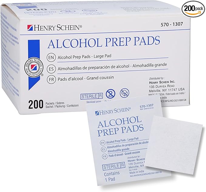 Henry Schein Large Alcohol Prep Pads (200/Box) - 70% Isopropyl Alcohol Wipes, Individually Wrapped - 2 ply, Textured - Skin Prep Alcohols Swabs - Sterile Pads