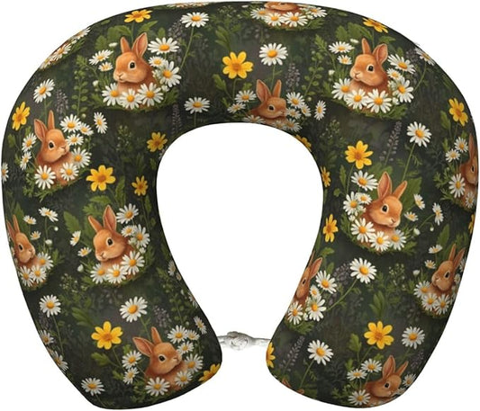 Comfortable Memory Foam Neck Pillow Rabbit Bunny, Travel U Shaped Airplane/Car/Flight Pillows with Removable Zipper Cover, Chin Head Neck Support Cushion