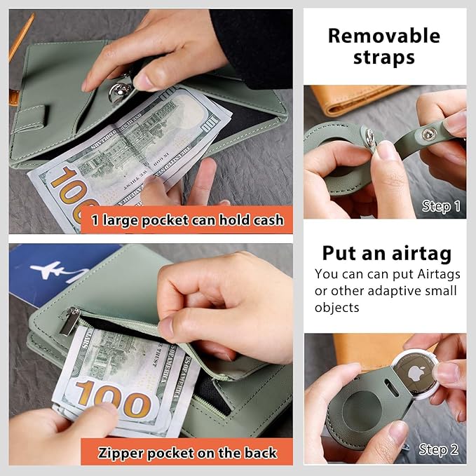 Deziliao Passport wallets, Mulit-purpose RFID Blocking Passport Holder AirTag Wallet, Travel Wallet（Moss Green）
