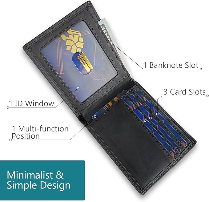 LnxLtw Men's Slim RFID Blocking Front Pocket Wallet | Minimalist Ultra-Thin Genuine Leather Bifold Wallet for Traveler with ID Window & Gift Box | Compact Black Credit Card Holder