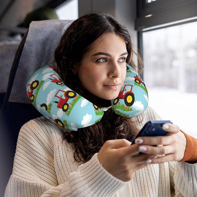 Travel Pillow Chin Neck Support, Comfortable Airplane Car Pillows for Rest, Memory Foam U Shaped Office Home Nap Sleeping Cushion Toy Tractor Pattern