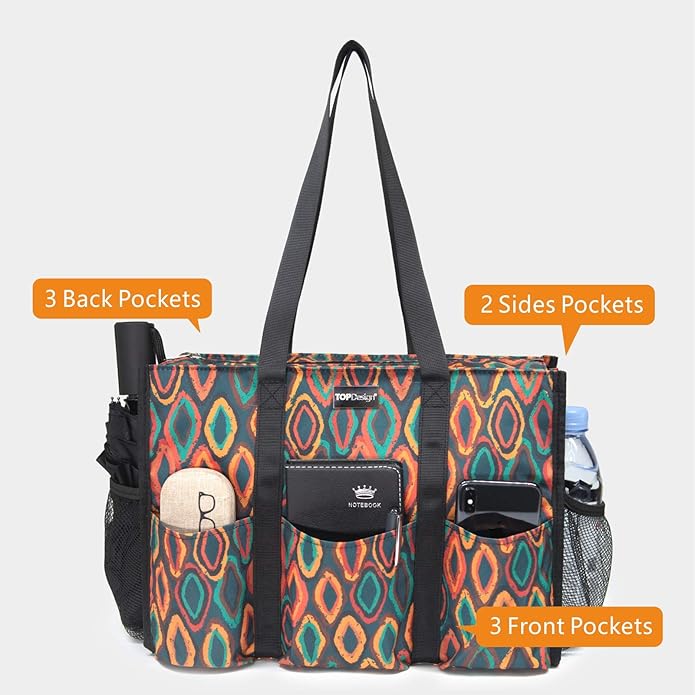 TOPDesign Utility Water Resistant Tote Bag with 13 Pockets, Top Zipper Closure & Thick Bottom Support, for Working Women