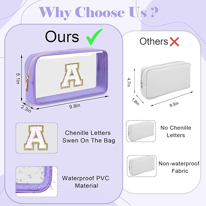 Personalized Initial Letter Clear Preppy Makeup Bag, Purple Chenille Letter Nylon Cosmetic Zipper Pouch, TSA Approved Travel Toiletry Bag, Monogram Makeup Case Gift for Women
