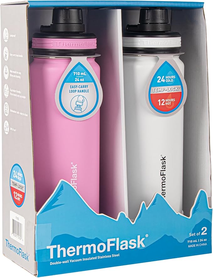 ThermoFlask 24 oz Bottle - Stainless Steel, Double-Wall Insulation & BPA-Free - Leakproof, Reusable with Spout Lid - Arctic White/Strawberry (2 Pack)