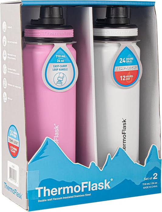 ThermoFlask 24 oz Bottle - Stainless Steel, Double-Wall Insulation & BPA-Free - Leakproof, Reusable with Spout Lid - Arctic White/Strawberry (2 Pack)