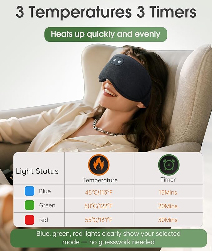 Detachable Heated Eye Mask, Cordless Eye Mask for Dry Eyes & Puffiness, Algae Fiber Ultra-Soft Nose Bridge Light-Block for Deeper Sleep – Graphene Layer Warm Compress & Cold Pack,Travel Essentials
