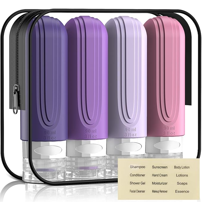 Travel Bottles for Toiletries, 3oz TSA Approved Travel Size Toiletries, Silicone Leak-Proof Refillable Containers, Squeezable Liquid Essentials Bottles W/Clear Bag (PURPLE)