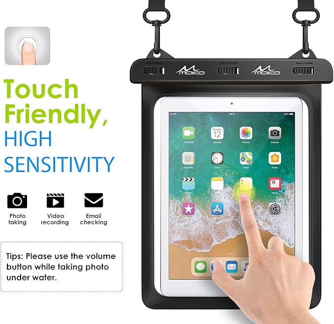MoKo Waterproof Tablet Case, Tablet Pouch Dry Bag Compatible with iPad 10th, iPad Pro 11 2022, iPad 9/9.7/10.2, iPad Mini 6/5/4/3, iPad Air 5/4, Air 3, Galaxy Tab S6/S7, Tab A 9.7, Up to 12", Black