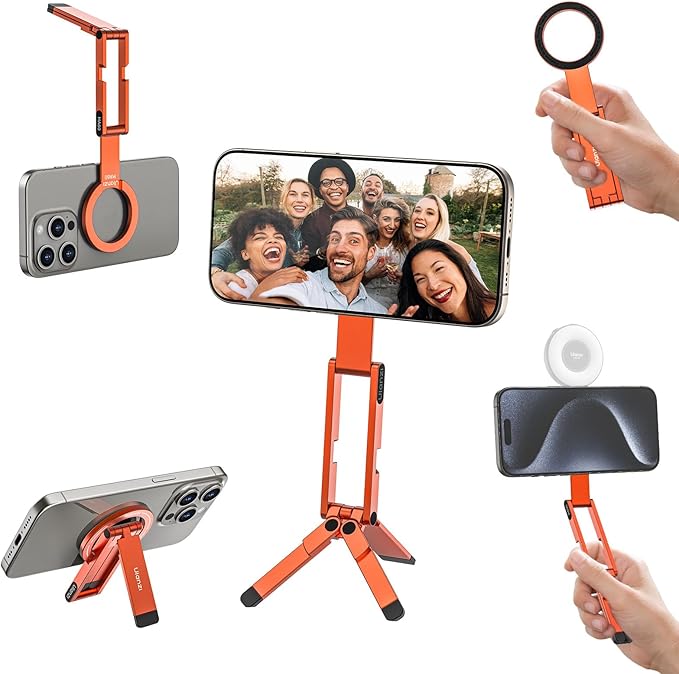 ULANZI MA60 Magnetic Phone Tripod Stand for iPhone - Aluminium Smartphone Mini Tripod Pocket Cell Phone Stand Strong Magnet Quick Mount Compatible with iPhone 16 15 14 13 15 Series, Orange