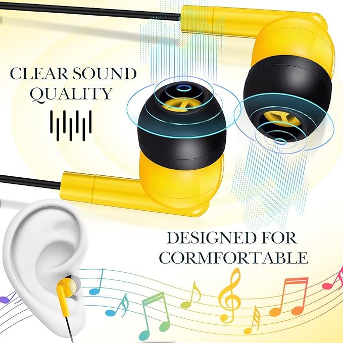 Kanayu 100 Pack Wired Earbuds Bulk for Classroom Ear Headphones Wired Basic Student Earbuds No Microphone with 3.5MM Jack for Class Laptop School Library, Individually Bagged (Yellow)