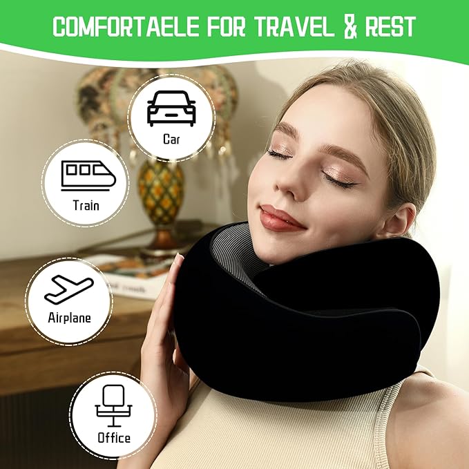 REDOFF®Travel Pillow for Neck Support, Memory Foam Neck Pillow for Airplane, Car, Office - Adjustable Strap with Magic Tape, Breathable & Portable with Storage Bag，It's Good to give Gifts.（Black）