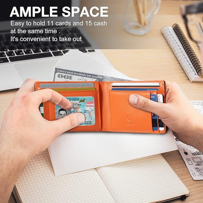 GSOIAX Slim Wallet for Men Rfid Blocking Leather Bifold Front Pocket Carbon Fiber Credit Card Holder With Gift Box (Carbon Black and Orange)