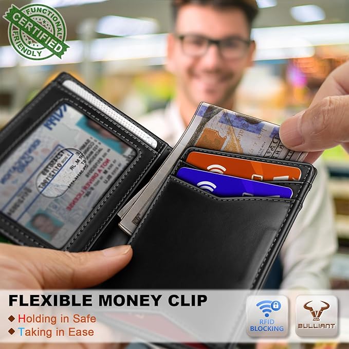BULLIANT Men Wallet,Top Grain Leather Slim Wallet Magnetic Closure Simplifed Bill Folder RFID Blocking 11Cards