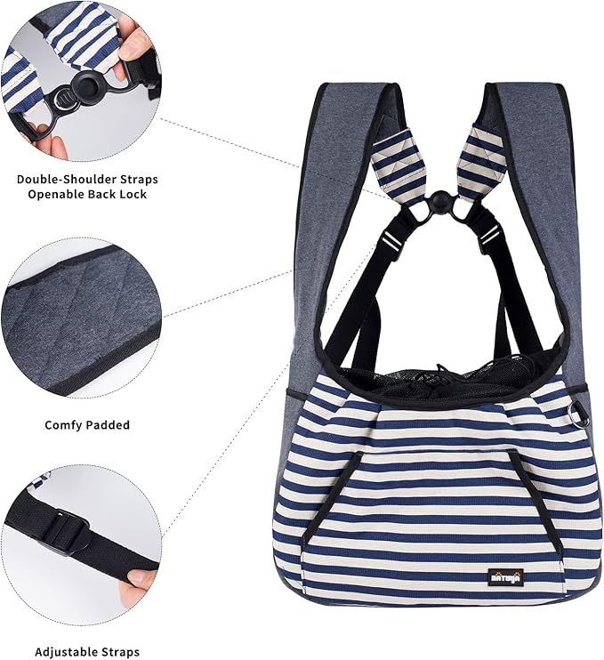NATUYA Dog Sling Carrier Puppy Carrier, Adjustable Pet Front Sling Carrier Travel Bag with Bottom Pad, Pet Carrier for Small Dog Cat Puppy Traveling Hiking Camping (Bule Strip, 8-15 lb)
