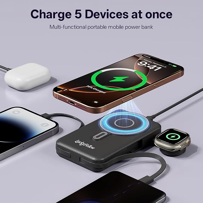Magnetic Portable Charger Built-in Cables,10000mAh Fast Charging Wireless Charger Station External Battery Pack Slim Pocket Size Power Bank with Stand Compatible with iWatch, iPhone and Android Phones