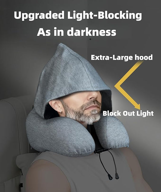 Travel Neck Pillow with Extra Large Hood Rollable Airplant Hooded Neck Pillow with Memory Foam Filling and Removable, Skin-Friendly Cover with a Carrying Pouch