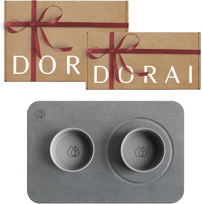 Dorai Home Ceramic Dog Bowls with Stone Drying Mat – Diatomaceous Earth Stone Mat with Non-Slip Base, Quick-Drying Pet Bowl Set for Medium Dogs, Ceramic Dog Water Bowl & Food Dish Set (23.6" x 15.4")