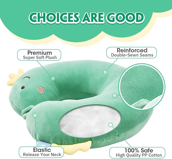 H HOMEWINS Travel Pillow for Kids,Cute Animal Toddler Neck Pillow for Boys Girls,Soft Neck Head Chin Support Pillow,Travel Accessories for Airplane, Car, Train,Recline(Green Dinosaur)