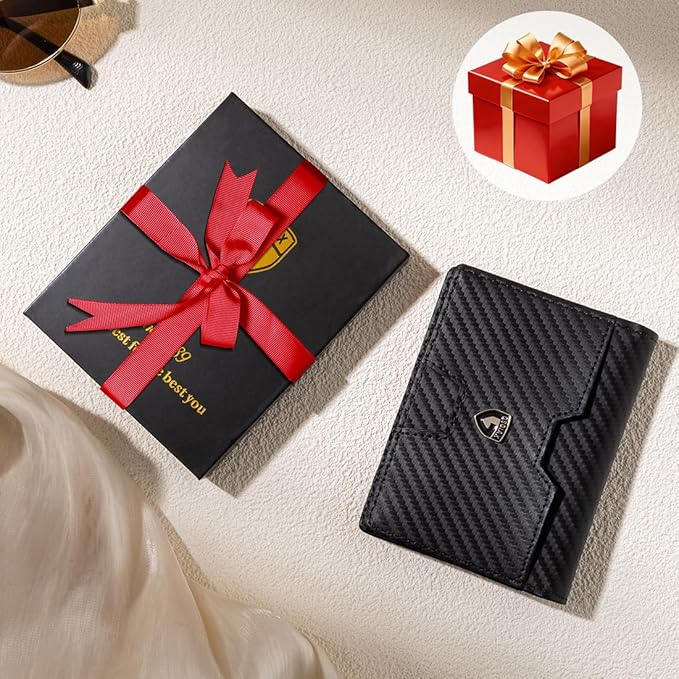 GSOIAX Wallet for Men Slim RFID Blocking Front Pocket Bifold Wallet Leather Money Clip 10-12 Cards Mens Wallet with ID Window Thin Minimalist Credit Card Holder Birthday Gifts for Men Carbon-Black