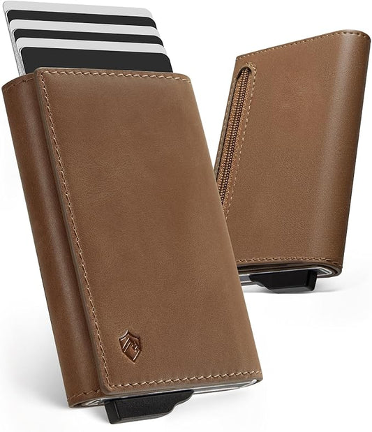 YESIIW Smart Wallet for Men with Premium Genuine Leather - Pop up Card Holder Mens Wallet for 8-10 Card Capacity | ID Window | Cash Slot | Coin Pocket | RFID Blocking - Slim, Thin (Brown)