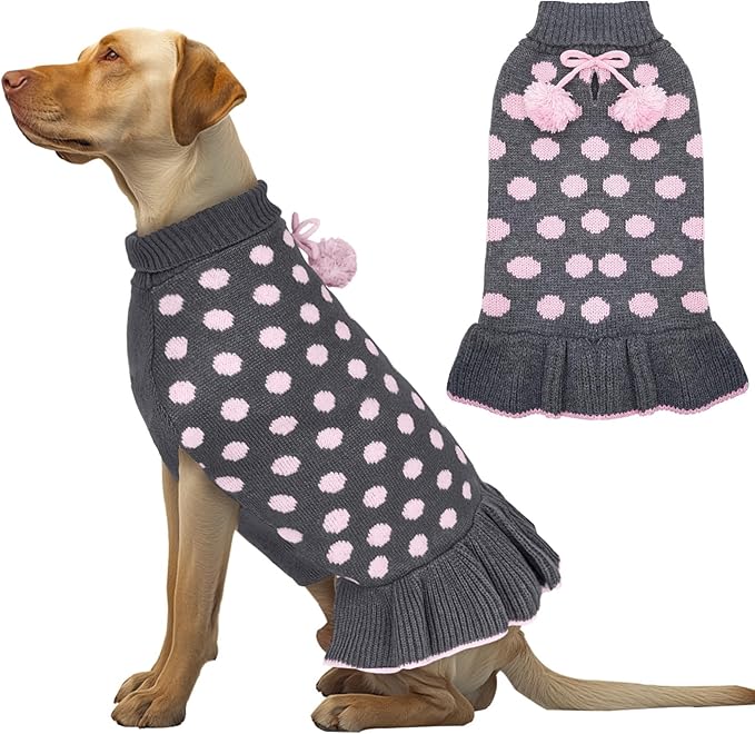 KYEESE Dog Sweater Dress with Leash Hole Turtleneck Dog Sweaters for Girl Large Dogs Polka Dot Knit Pullover Warm Pet Clothes for Fall Winter