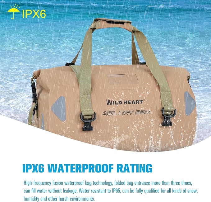 WILD HEART Waterproof Motorcycle Duffel Bag PVC500D Double-bottom With Rope Straps and Inner Pocket 40L 66L 100L for Kayaking, Camping, Boating,Motorcycle