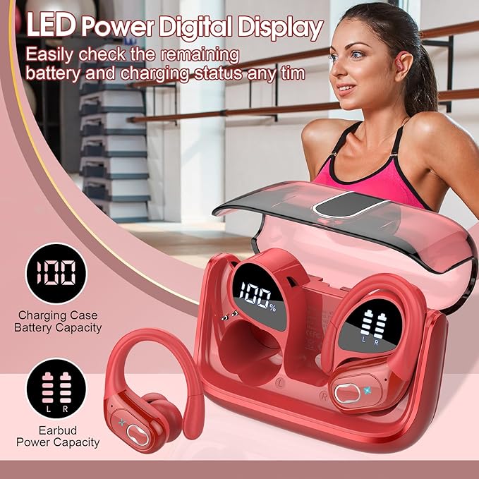 Wireless Earbuds 75hrs Bluetooth 5.4 Headphone Sport, 2025 Bluetooth Earbuds Stereo Deep Bass Over Ear Bud with Earhooks, ENC Noise Cancelling Mic, IPX7 Waterproof Earphone, Red