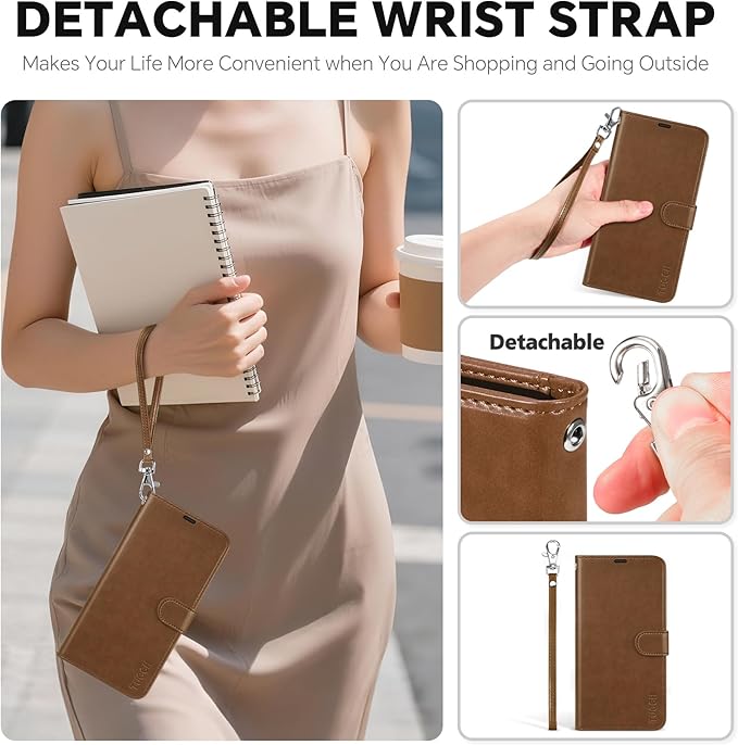 TUCCH Detachable Case Wallet for iPhone 17 (6.3") 2025, Wrist Strap, 4 Card Holders RFID Blocking, Wireless Charging, Stand, 2-in-1 Magnetic, PU Leather, Shockproof Folio Cover, Brown
