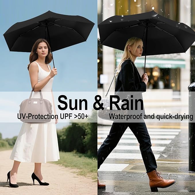 Auto Open Close Umbrella - Ultra Light Compact Travel & Backpack Size for Women and Men, UPF 50+ Eco-Friendly Sun Protection & Windproof Rain Umbrella with UV Defense