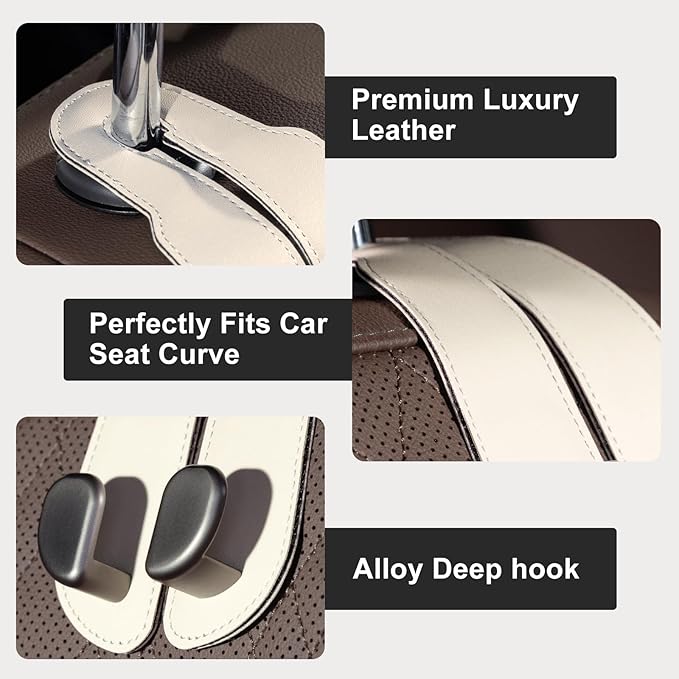 CoBak Headrest Hooks for Car - Universal Premium Stitched Leather and Aluminum-Magnesium Alloy Double Car Seat Back Storage Hook for Purses, Handbags, Bags (2 Pack),Beige