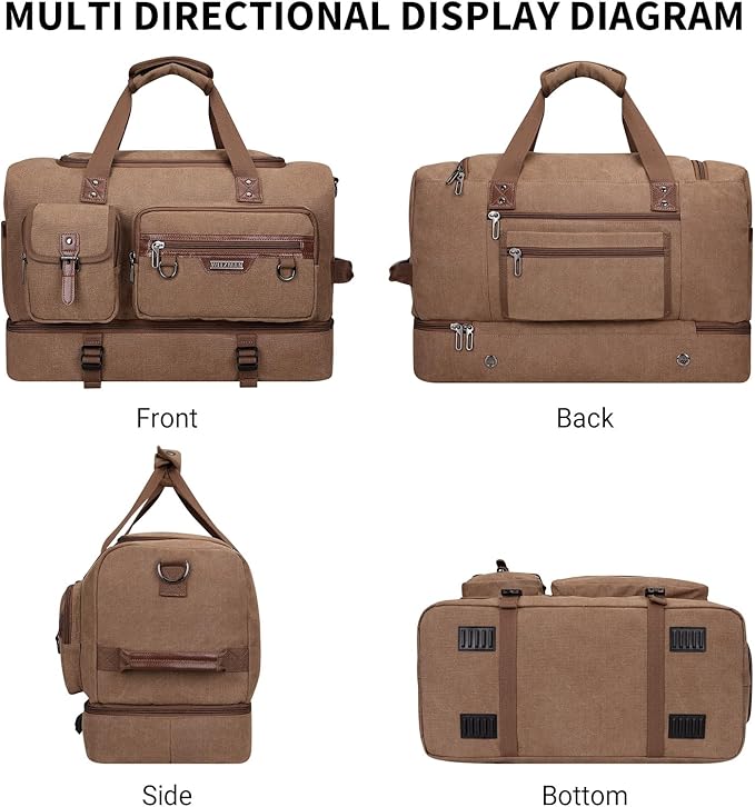 WITZMAN Canvas Weekender Bag Mens Overnight Bag for Traveling Carry on Duffle Bags with Shoes Compartment（A8010 Brown）