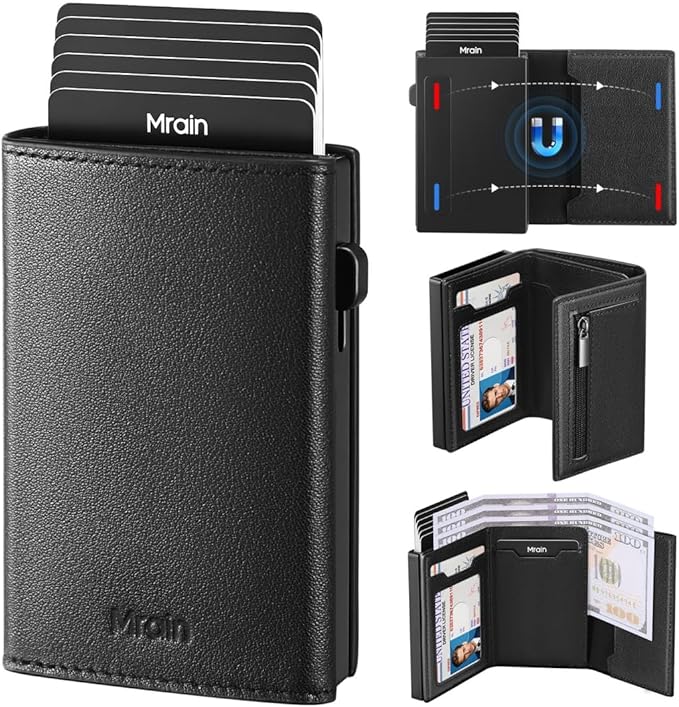 Mrain Mens Slim Minimalist Wallet Card Holder with Coin Pocket, Cash Slot, Magnetic Closure, Pop Up Aluminum Case, ID Window, Leather Wallet, RFID Blocking, 9-13 Card Capacity (Black)