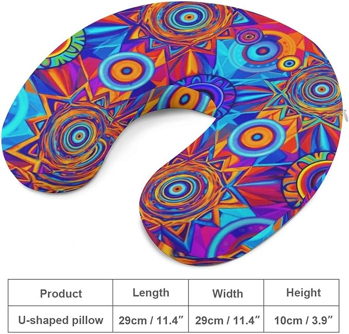 Stylish U Shaped Travel Neck Pillow Memory Foam Chin Support Colorful Kaleidoscope Pattern, Breathable Washable Cover for Airplane Car Office Decor