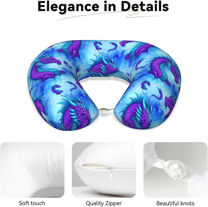 Memory Foam Airplane Pillow Purple Dragon for Car Chin Head Neck Supporting, U Shape Pillows Travel Cushion for Office, Nap Sleeping