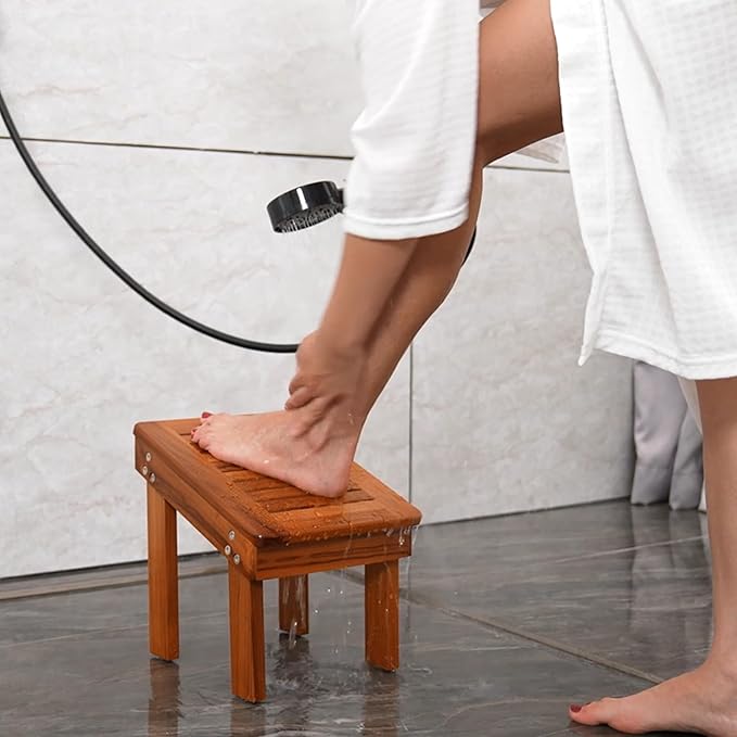 Utoplike Teak Wood Shower Foot Stool for Shaving Legs, Sturdy Shower Foot Rest for Shower Shaving, Wooden Shower Foot Step for Bathroom