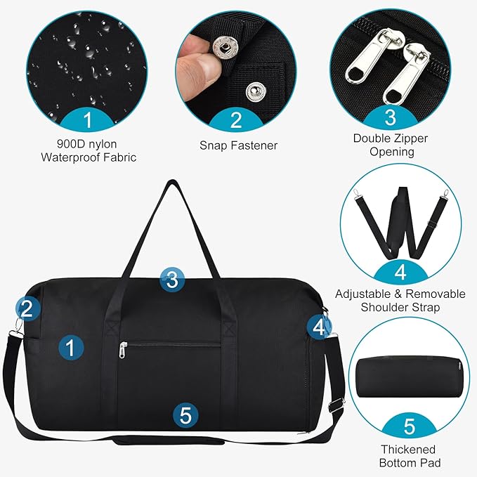 Felipe Varela 65L Duffle Bag with Shoes Compartment, Foldable Carry on Bag Travel Duffel Bags Overnight weekender Gym Bag with Wet Pocket for Women Men(Black)