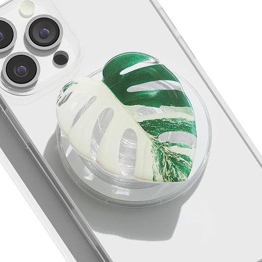 OnTheGrip Compatible with Magsafe Magnetic Cute Acrylic Tropical Leaf Design Collapsible Mobile Phone Grip Stand Holder for Smartphone Tablet Cell Phone Accessory (Albo Monstera)