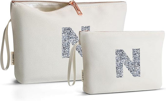 A-Z BAG 2pcs Personalised Makeup Bag Set, Canvas Cosmetic Bag with Rhinestone Initial, Birthday Gifts for Women (N, Beige)