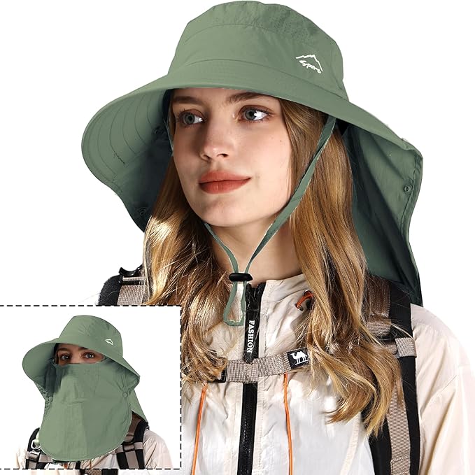 Rosoz Sun Hat for Men Women with Neck Flap,Wide Brim UPF50+ Fishing Hat with Detachable Face Cover Outdoor Sun Protection Hat