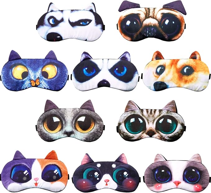 Syhood 10 Pack Funny Blindfolds for Party Game Cute Animal Sleep Mask Cat Dog Soft Blindfold Eye Cover with Adjustable Strap for Adults Men Women