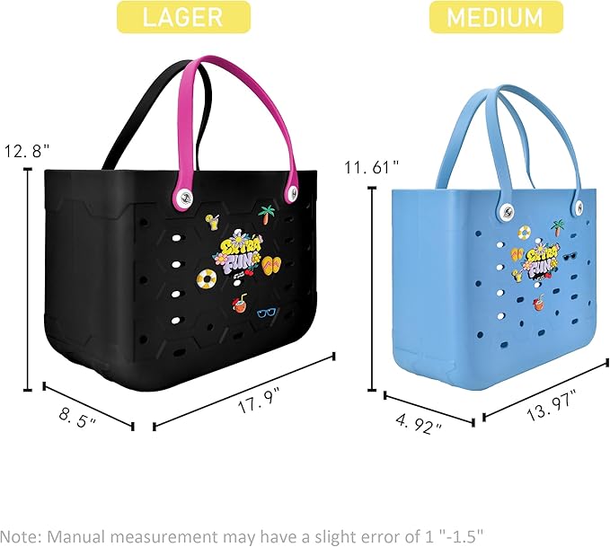 2-Piece Tote Bag Set, Waterproof Rubber Beach Bag with Summer Pattern, Medium & Large Handbag for Pool, Beach, Boat