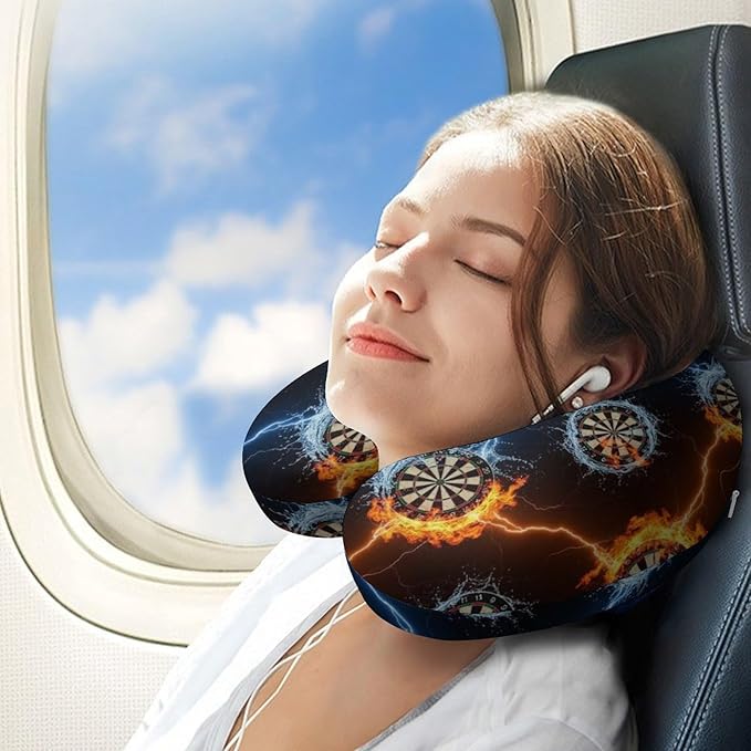 Lightweight Travel Neck Pillow Ice Water Fire Flame Darts Board Memory Foam U Shaped Cushion, Washable Removable Cover for Airplane Car Outdoor Rest