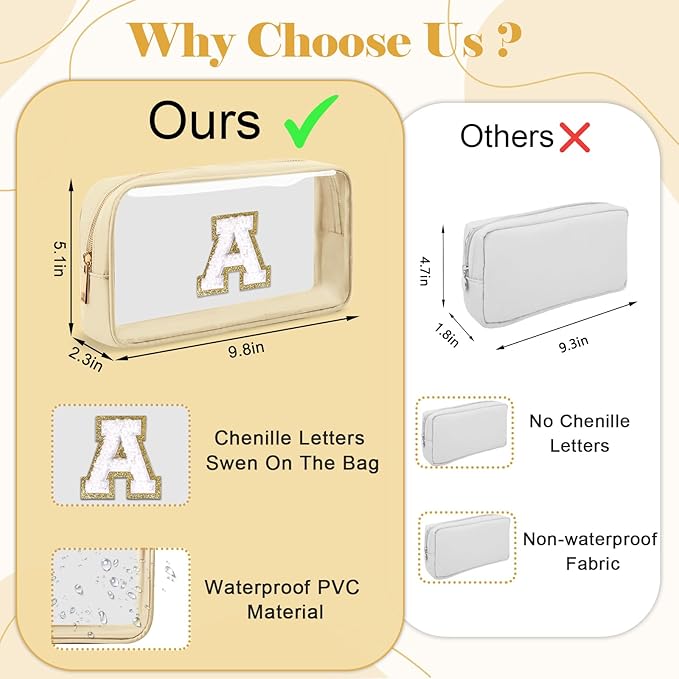 Personalized Initial Letter Clear Makeup Bag,Preppy Small Nylon&PVC Cosmetic Zipper Bag with Chenille Letter,Portable Beach Travel Skincare Toiletry Bag,Trendy Monogram Gift for Teen Girls Women,P