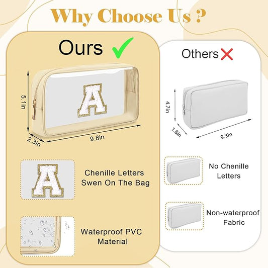 Personalized Initial Letter Clear Makeup Bag,Preppy Small Nylon&PVC Cosmetic Zipper Bag with Chenille Letter,Portable Beach Travel Skincare Toiletry Bag,Trendy Monogram Gift for Teen Girls Women,A